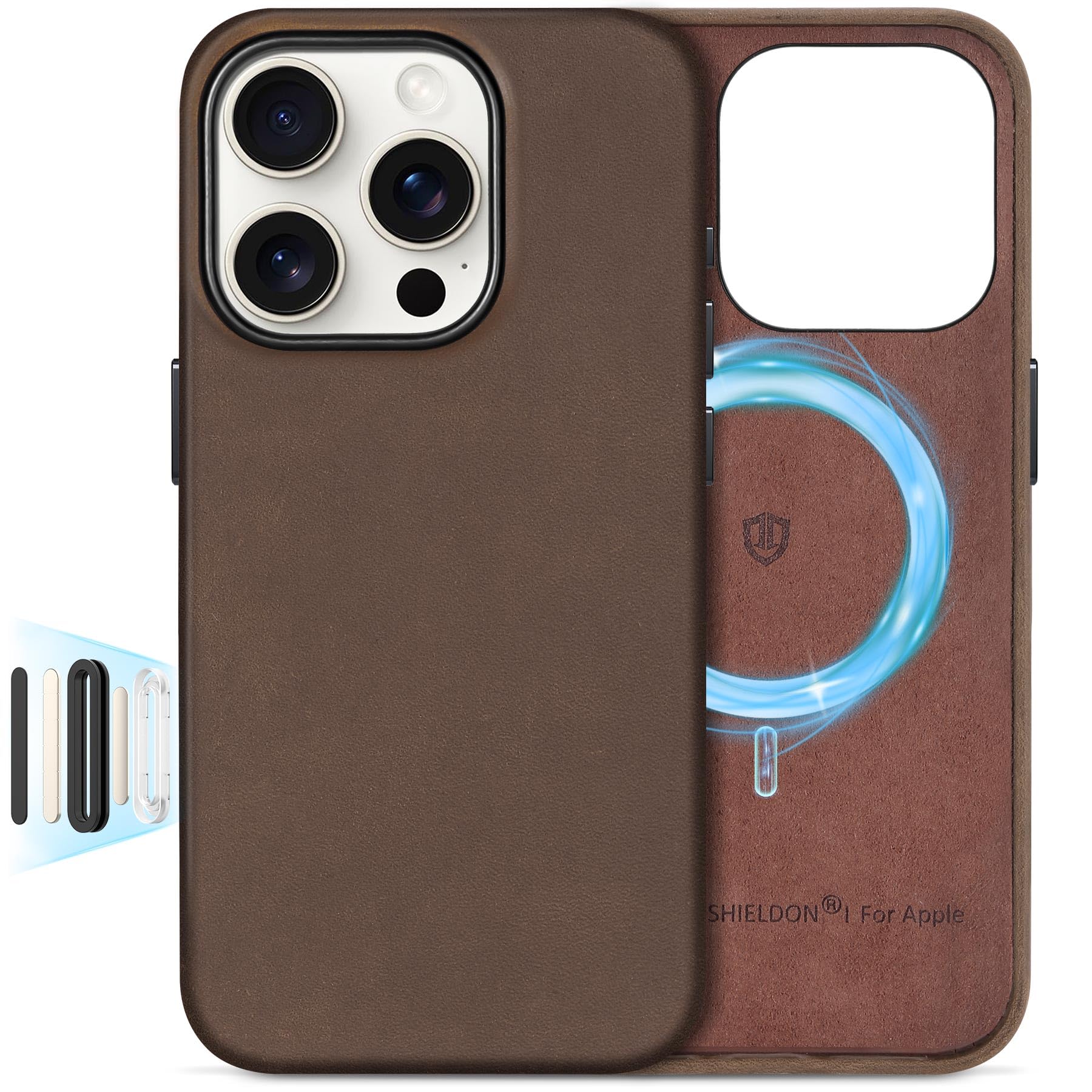 SHIELDON Leather Case for iPhone 16 Pro, [Crazy Horse Leather][Non-Slip][Anti-Scratch][Metal Button][Magnetic Wireless Charging] Slim Protective Cover Compatible with iPhone 16 Pro 2024 - Dark Brown