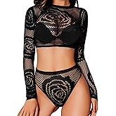 RSLOVE Women Sexy Fishnet Lingerie Set – Rose Mesh Long Sleeve Bodysuit and Thong for Lingerie Party, Halloween & Valentine’s