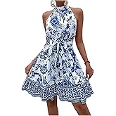 Floerns Women's Floral Sleeveless Halter Dress Flounce Hem Belted A Line Dresses