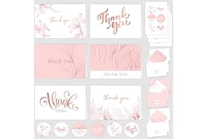 Decorably 24 Pack Rose Gold Foiled 6x4in Rose Gold Thank You Cards with Envelopes and Stickers, 6 Elegant Designs Pink Thank 