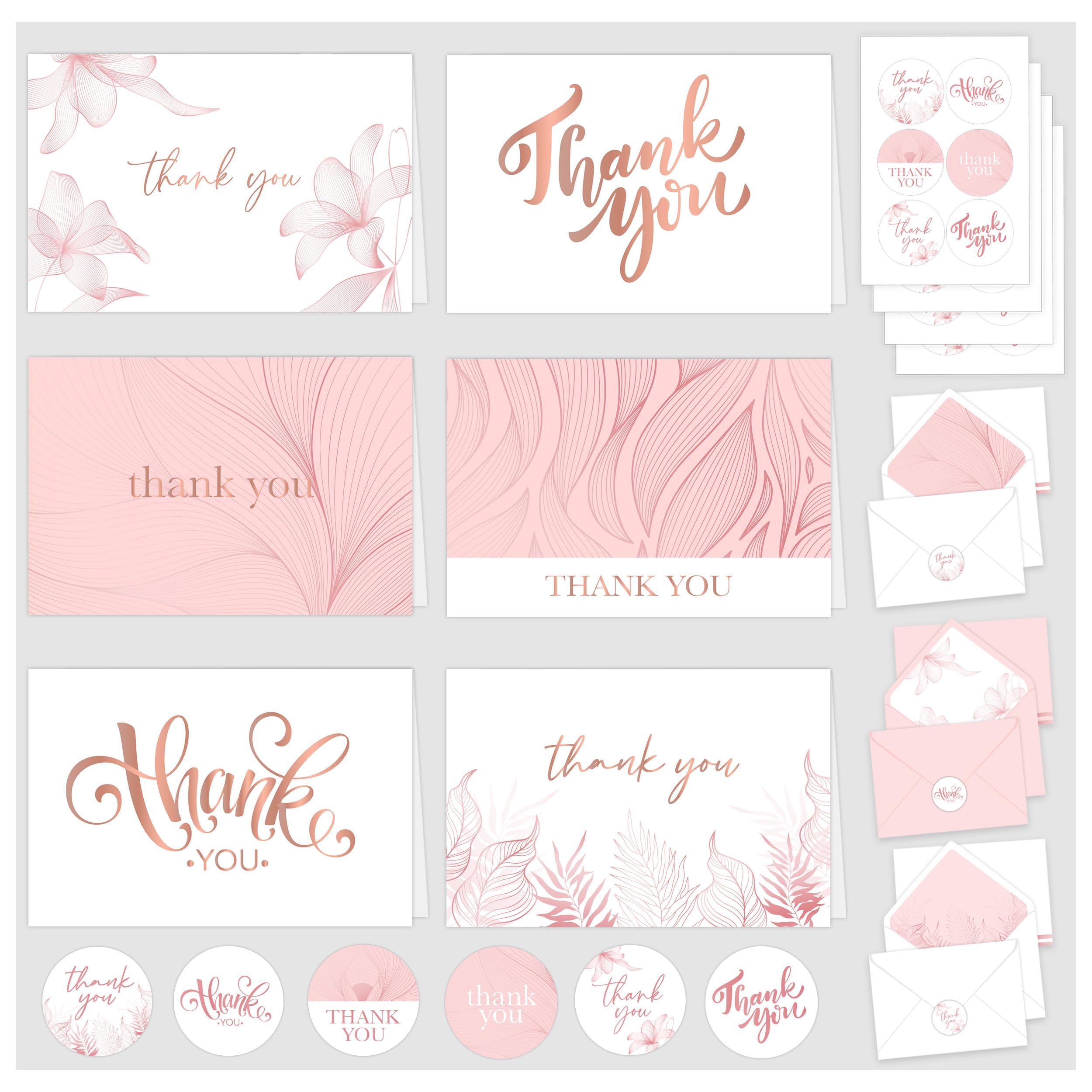 Decorably 24 Pack Gold-Foiled 6x4in Rose Gold Pink thank you cards with Envelopes and Stickers, 6 Elegant Designs Thank You Cards Pink, Blank Inside - Bridal Shower, Baby Shower