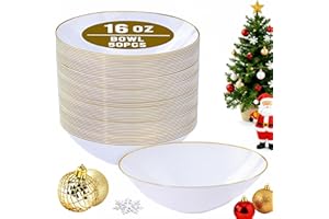I00000 16 Oz 50 Count White Disposable Soup Bowls with Gold Rim, Plastic Bowls Disposable Premium Heavyweight Elegant Plastic Salad Bowl for Chrismtas, Parties