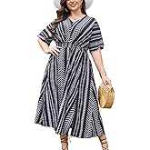 Keluummi Plus Size Summer Maxi Dresses for Curvy Women, Causal Boho Floral V Neck Empire Waist Dress with Pocket and Slit
