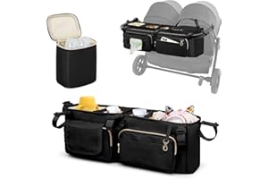 Prokva Double Stroller Organizer Compabitle with BOB Duallie and Baby Jogger City Mini GT2 Double Stroller, Double Parent Stroller Caddy Organizer with Cup Holder and Cooler Bag, Black(Empty Bag)