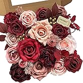 FACINOC Roses Artificial Flowers Burgundy Fake Flower Bulk for DIY Wedding Bouquet Bridal Baby Shower Centerpiece Table Decorations Cake Decorating Silk Faux Floral Arrangements Party Home Decor Dusty
