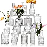 Glass Bud Vases Set of 16 - Assorted Small Mini Glass Vases for Flowers, Crystal Vintage Vase Set, Bulk Centerpieces for Table Décor, Wedding, Home and Events (Clear, 16 Pcs)