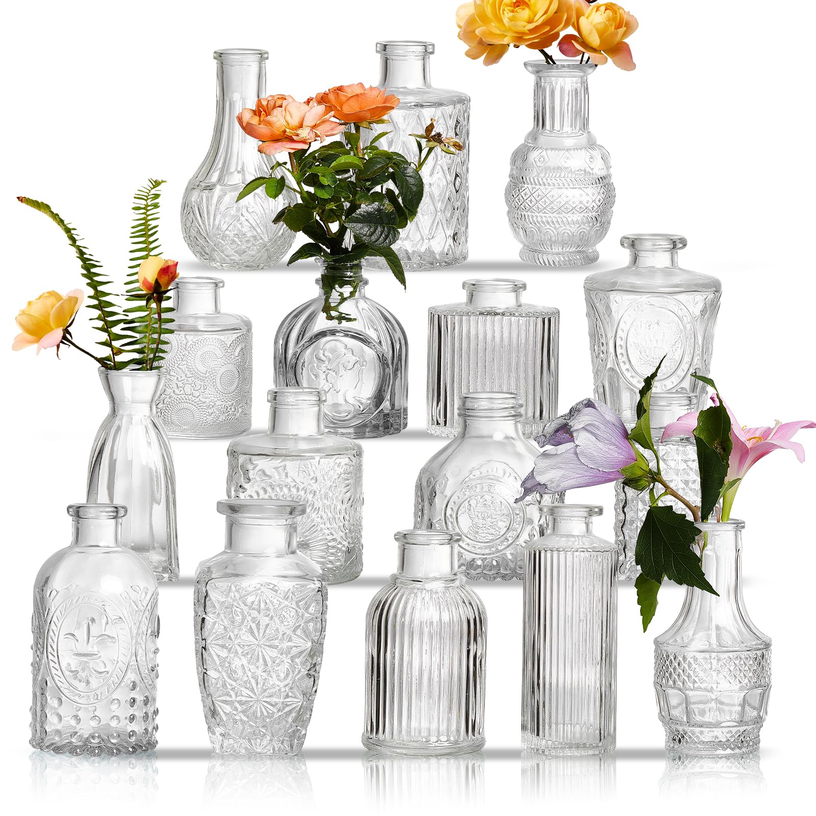Photo 1 of Glass  Vases Set of 16 - Assorted Small Mini Glass Vases for Flowers, Crystal Vintage Vase Set, Bulk Centerpieces for Table Décor, Wedding, Home and Events (Clear, 16 Pcs)