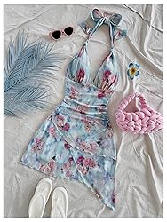 BEAUDRM Women's Floral Print Sleeveless Halter Deep