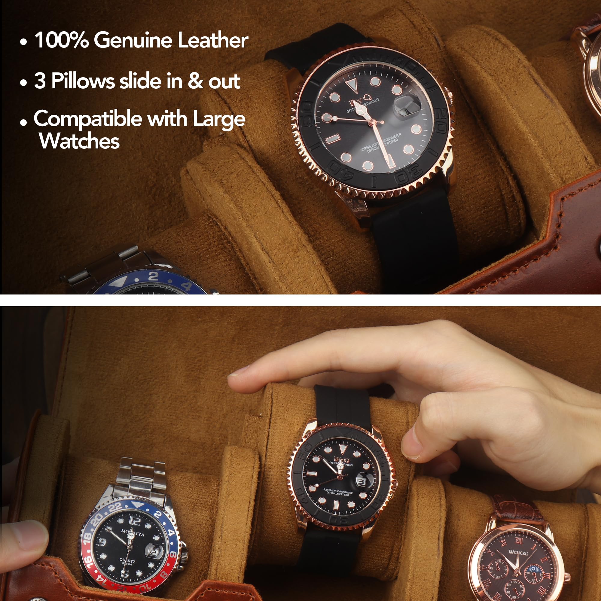 KOSMCCO Watch Roll Travel Case - Leather Watch Roll 3 Watch Travel Case, Storage Organizer and Display Case (Whiskey Brown)