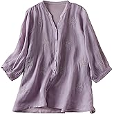 DOVWOER Women's Fall V Neck 3/4 Sleeve Blouses Tops Cotton Linen Jacquard Embroidery Print Tunic Shirts