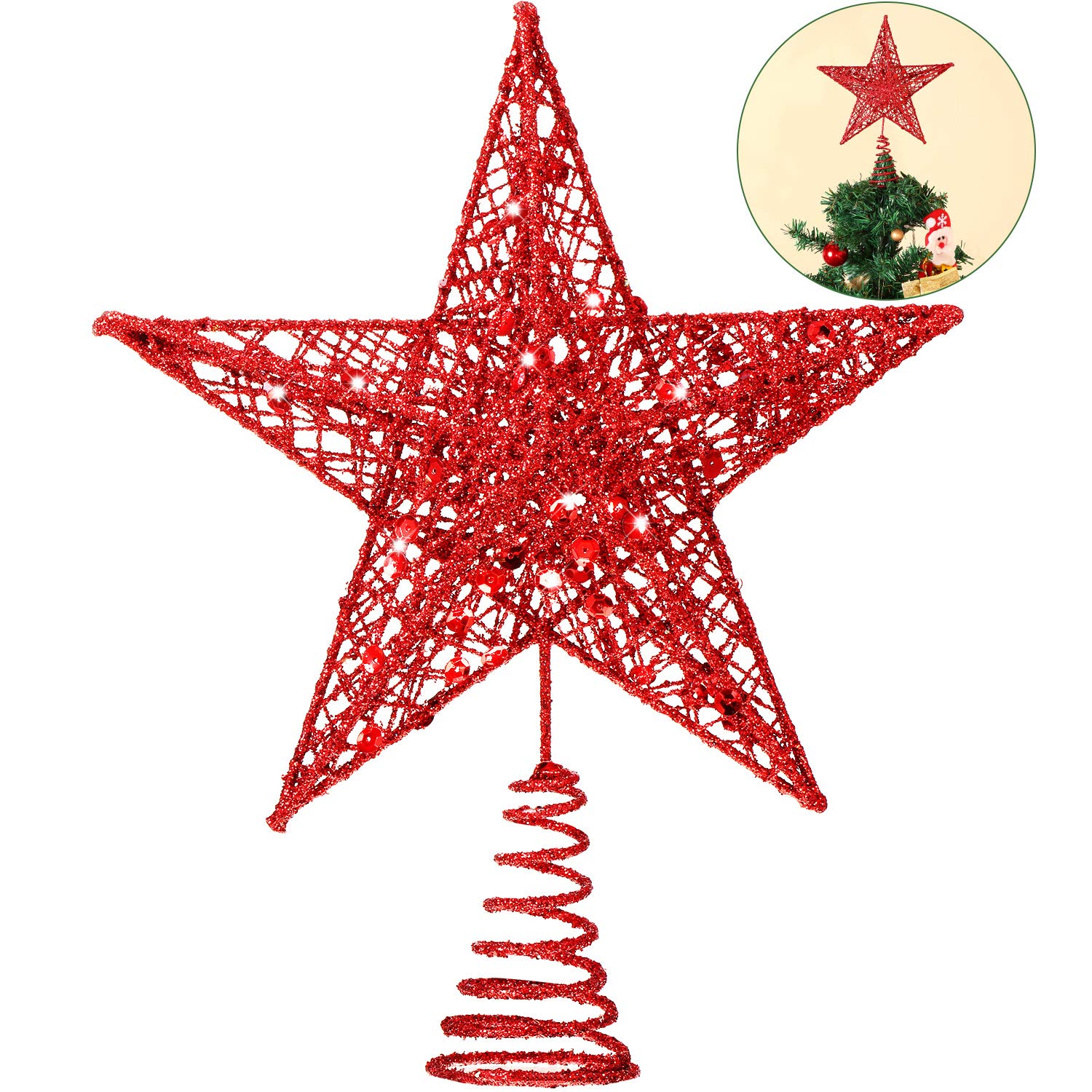 Blulu 10 Inches Christmas Tree Star Topper Xmas Tree Topper Star Christmas Decoration Glittered Tree-top Star (Red)