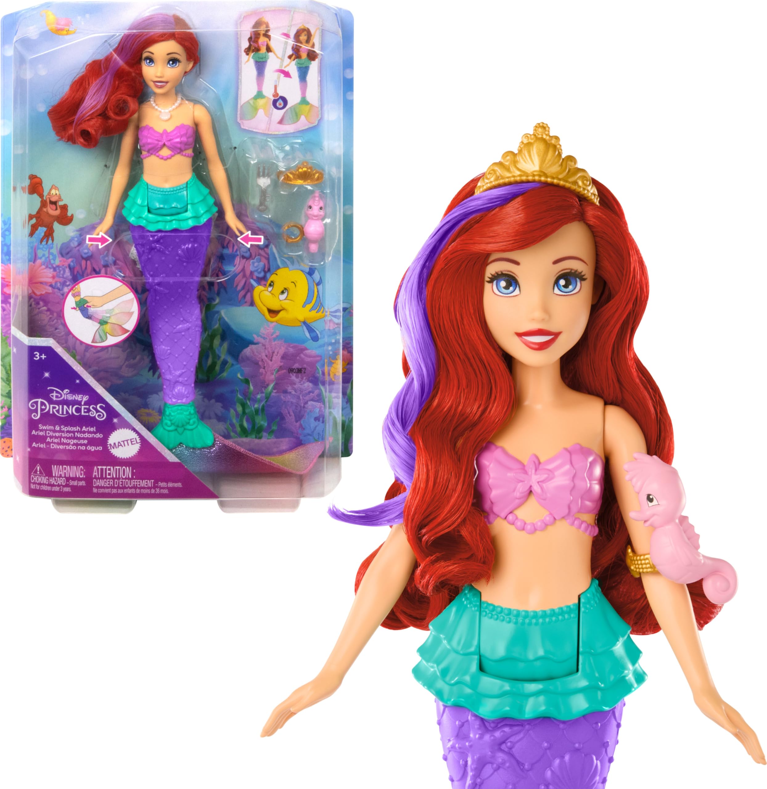 Mattel Disney Princess Toys, Ariel Swimming Mermaid Doll with Color-Change Hair and Tail, Water Toy Inspired by the Disney Movie