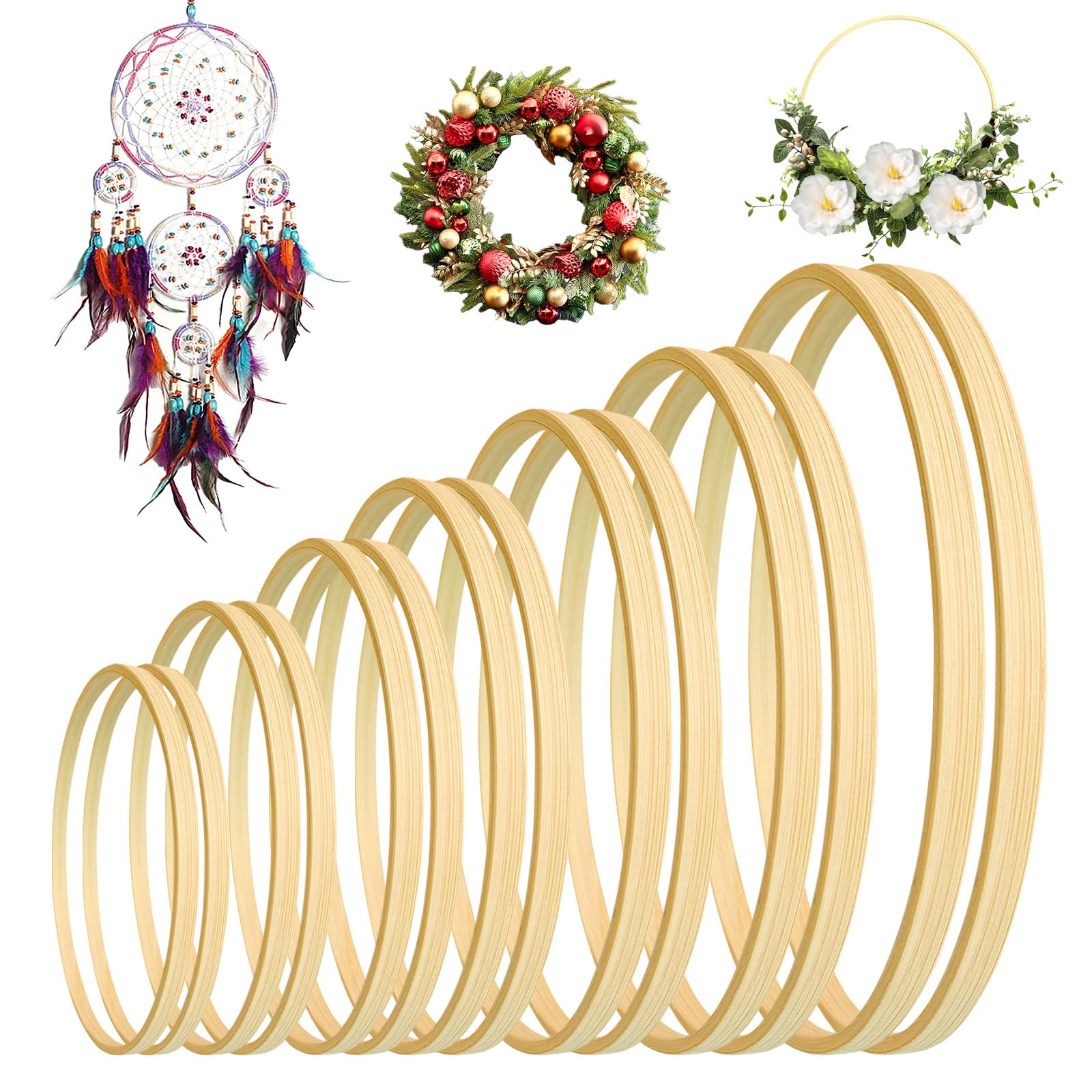 14Pcs Wooden Wreath Rings Set, Wooden Bamboo Floral Hoop, Christmas Bamboo Rings in 7 Sizes, Wedding Wreath Hoop, Dream Catcher Hoops for Craft DIY Garland Deco
