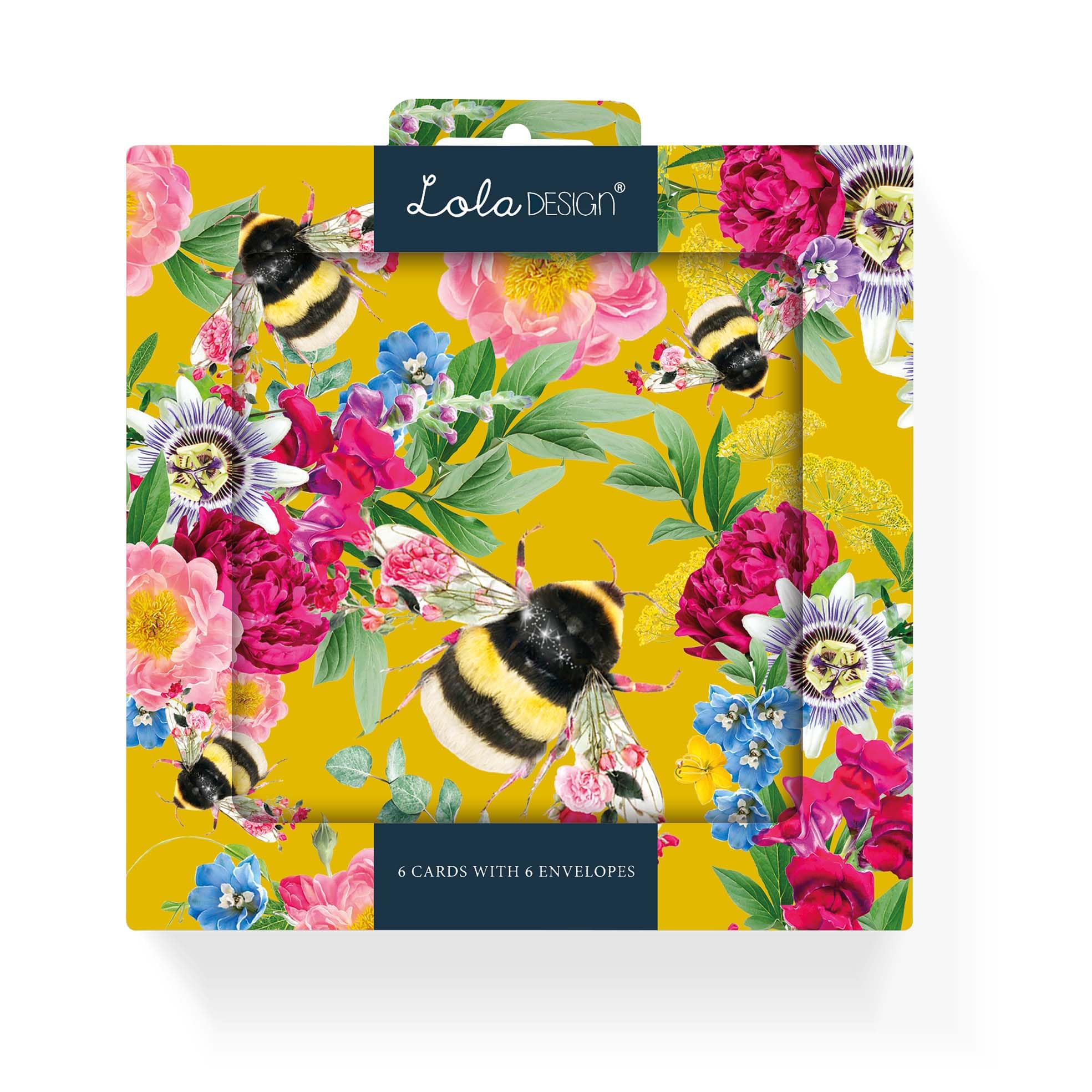 Notecard pack of 6x cards by Lola Design - Mustard Bee Design 125x125mm and Blank Inside for your own message, with Grey Envelopes included - Made in the UK