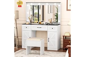 Greenvelly Makeup Vanity with Lights, White Farmhouse Vanity Desk with Lighted Mirror, 3 Lighting Modes, Brightness Adjustable, Dressing Table with Drawers, Vanity Table Set for Women, Girls
