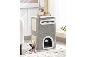 DYHOME Cat Beds for Indoor Cats, 2 Storey Cat House Large Cat Hideaway Cat Cave Bed Cat Cube Modern Cat Houses & Condos Cat Hideout with Fluffy Ball Hanging and Scratch Pad, Grey