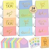 Decorably 24 Pack Gold Foil 6x4in Modern Thank You Cards Kids with Envelopes and Stickers,12 Stylish Pastel Designs for Boys & Girls, Loved Ones, Blank Inside, Kid's Party, Birthday, Gifting, Mailing