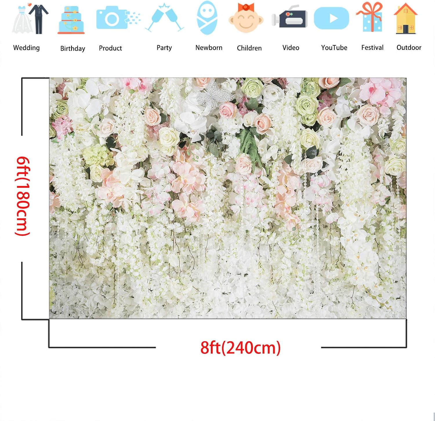 Avezano 8x6ft Wedding Flower Photography Background Floral Curtain White Flower Wall Backdrops for Baby Shower Birthday Party Ceremony Wall Decoration Banner - Image 4