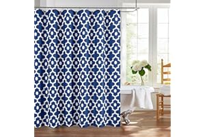 Biscaynebay Textured Fabric Shower Curtains for Bathroom 72" X 72", Indigo Morocco Pearl Printed Linen Shower Curtain Machine Washable