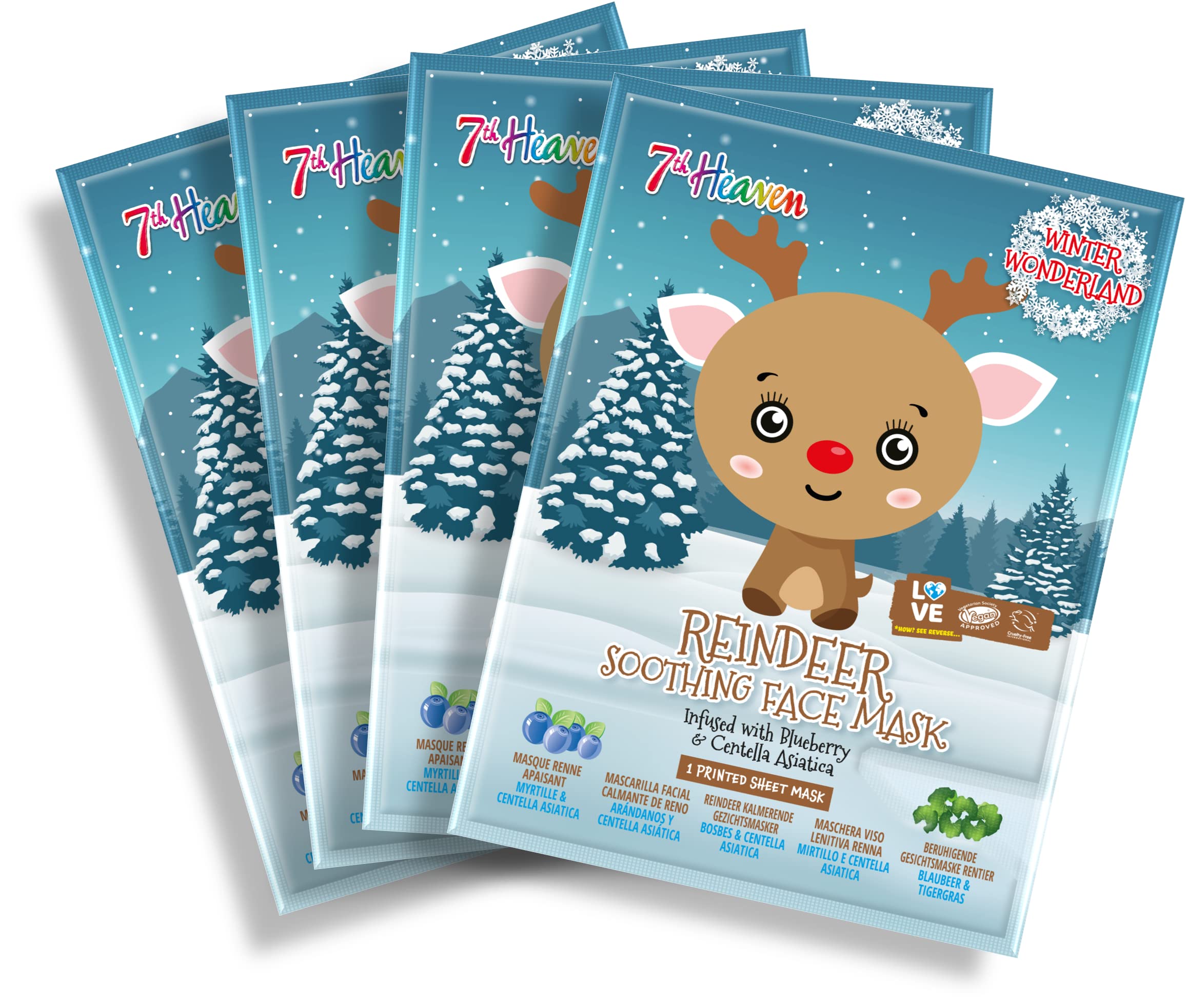 7th Heaven Winter Wonderland Reindeer Facial Sheet Mask (Pack of 4) Infused with Blueberry to Soothe Skin (Ages 8+) โ image 1