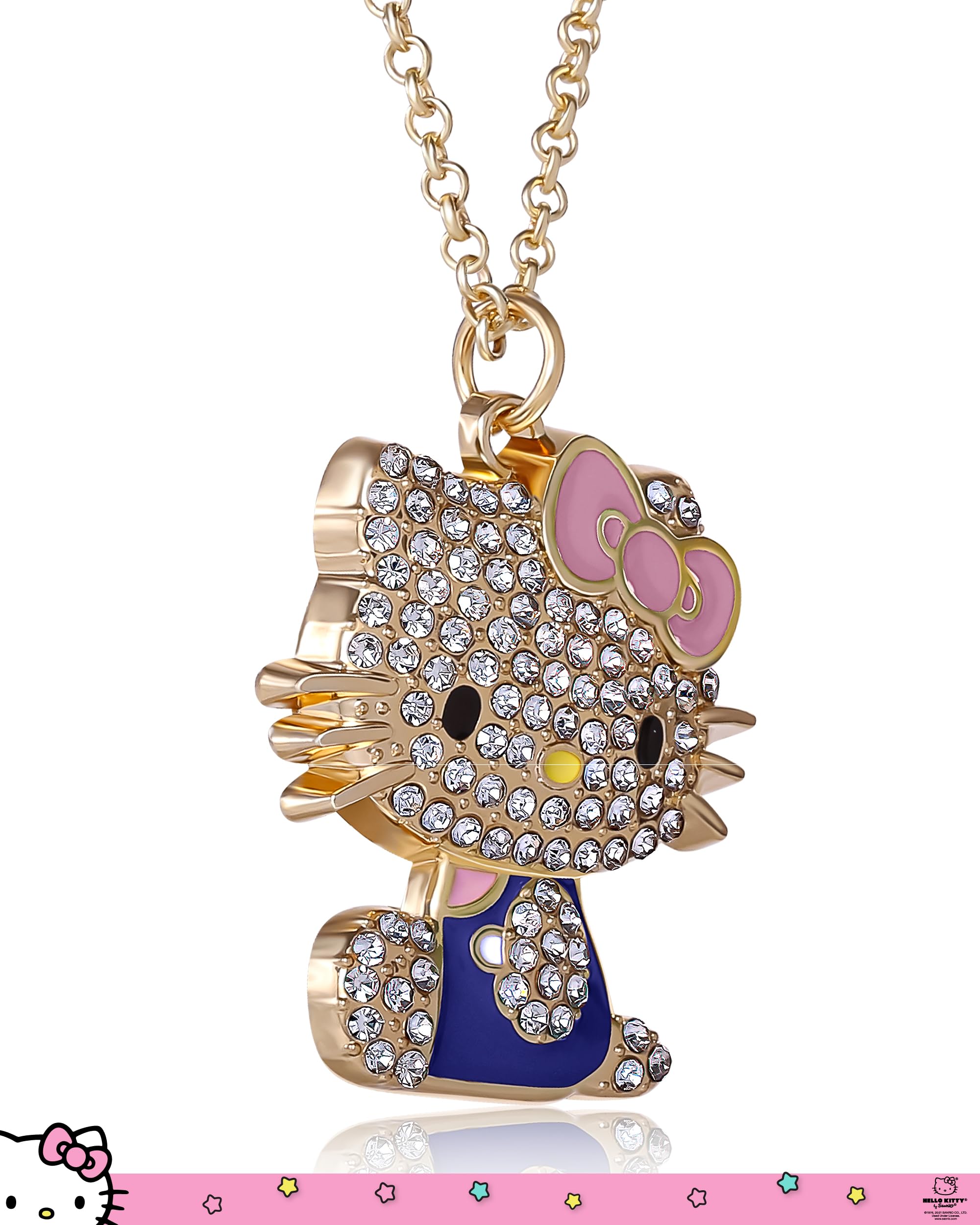 SALLY ROSE Hello Kitty Pink and Blue Enamel and Pave Necklace Official License, Gold Plated 16+3 Hello Kitty Necklace, Sanrio Gifts