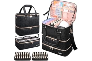 Veirdro Nail Polish Organizer Hold 90 Bottles (15ml/0.5fl.Oz)& Nail Lamp, Three Layer Nail Supplies Organizer Case with Holder& Shoulder Strap, PU Leather Nail Kit Organizers and Storage Bag (Black)