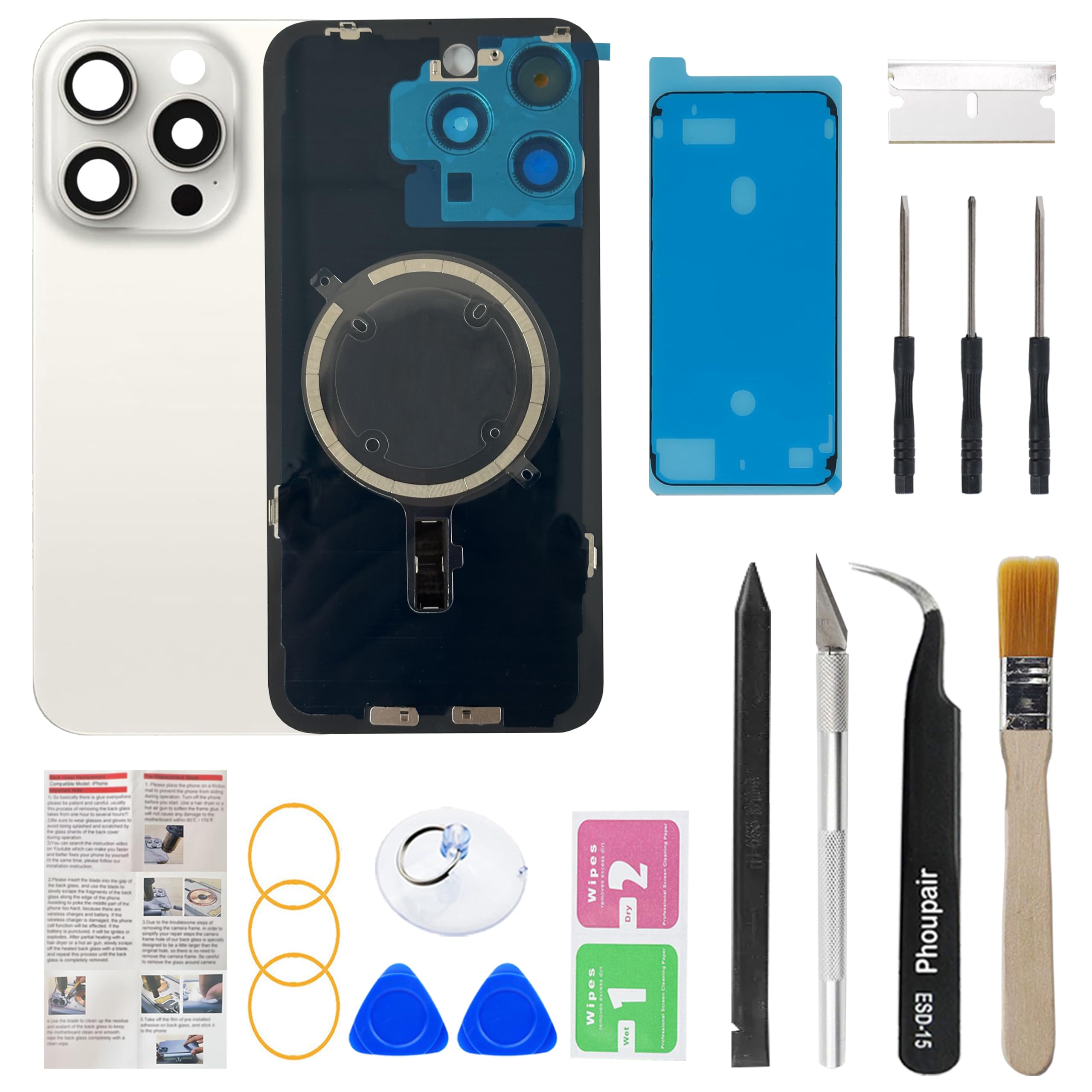 Photo 1 of Phoupair OEM Back Glass Replacement Compatible with iPhone 15 pro 6.1 Inches with Camera Frame and Camera Lens + Professional Repair Tool Kit and Installation Instruction (White Titanium)