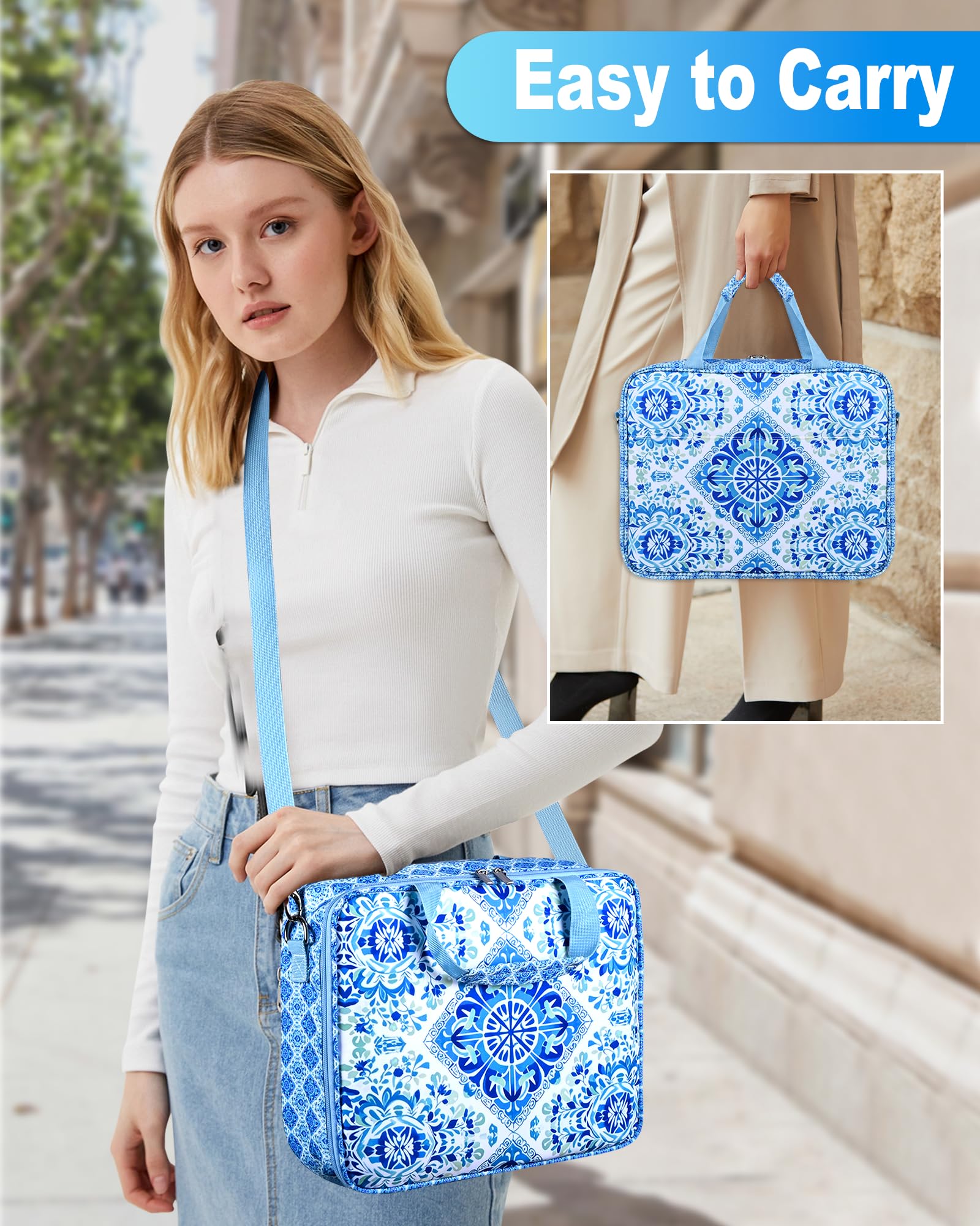 Telawsfun Craft and Sewing Supplies Storage Bag with Removable Binder, Large Capacity Travel Organizer Tote With Multi Pocket for Sewing Tools and Accessories (Blue Floral)