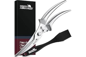 SILVER ARMADILLO Heavy duty poultry shears, Kitchen Scissors for Bone, Chicken, Meat, Fish, Seafood and Vegetables, Spring Loaded food shear (Stainless Steel handles)