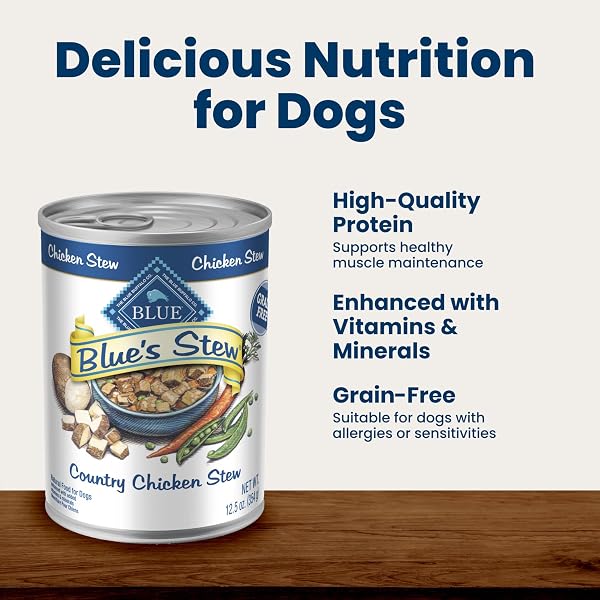 BLUE BUFFALO BLUE’S STEW COUNTRY CHICKEN STEW NATURAL GRAIN FREE WET DOG FOOD WITH REAL CHICKEN, PEAS, CARROTS, & POTATOES IN THICK SAVORY GRAVY, NATURAL INGREDIENTS, 12.5-OZ CANS (12 COUNT)