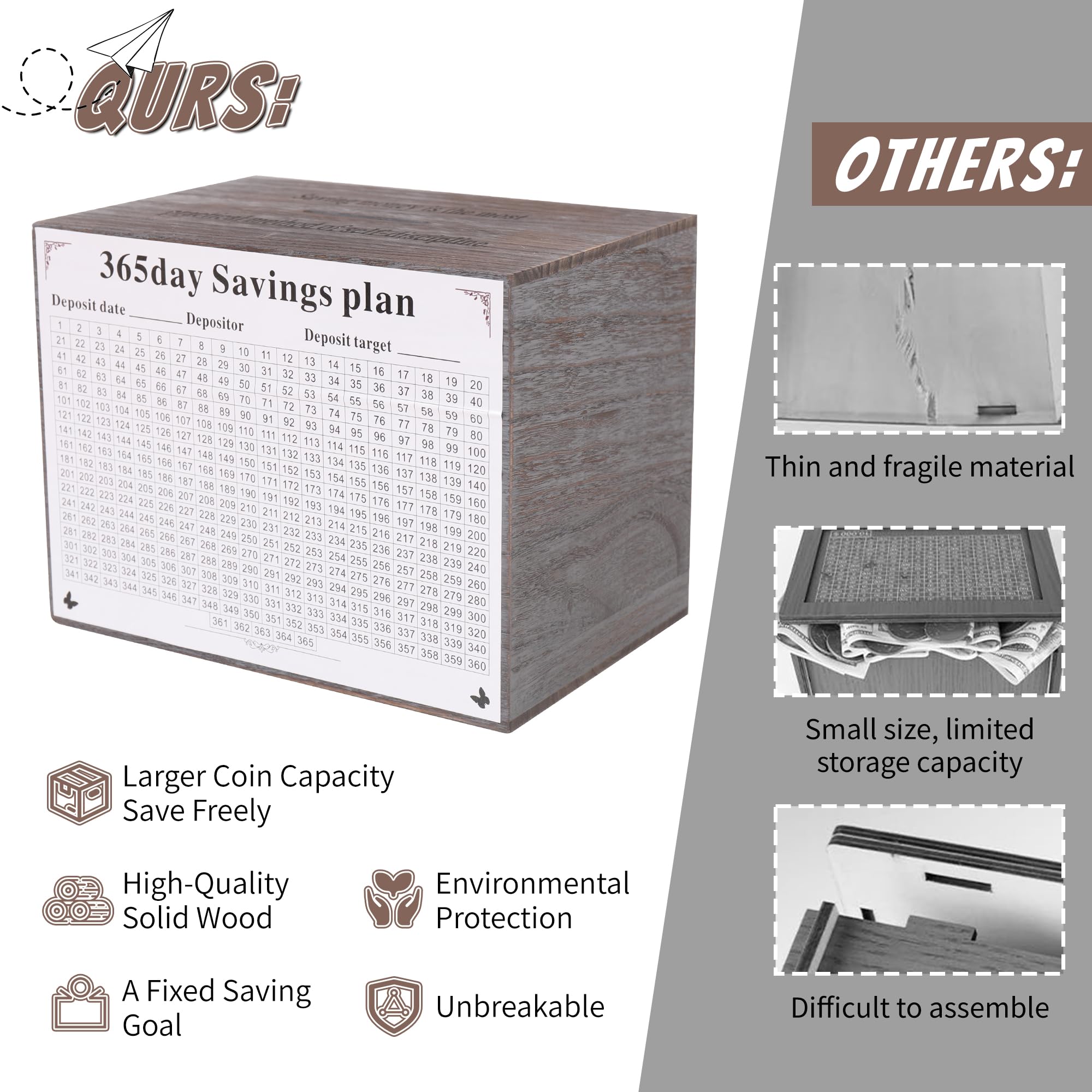 Piggy Bank for Kids and Adults, Wooden Money Saving Box for Cash, Unbreakable Piggy Bank for $10000 $5000 $3000 $1000 $800 $500 Target Money Saving Challenge.(Gray)