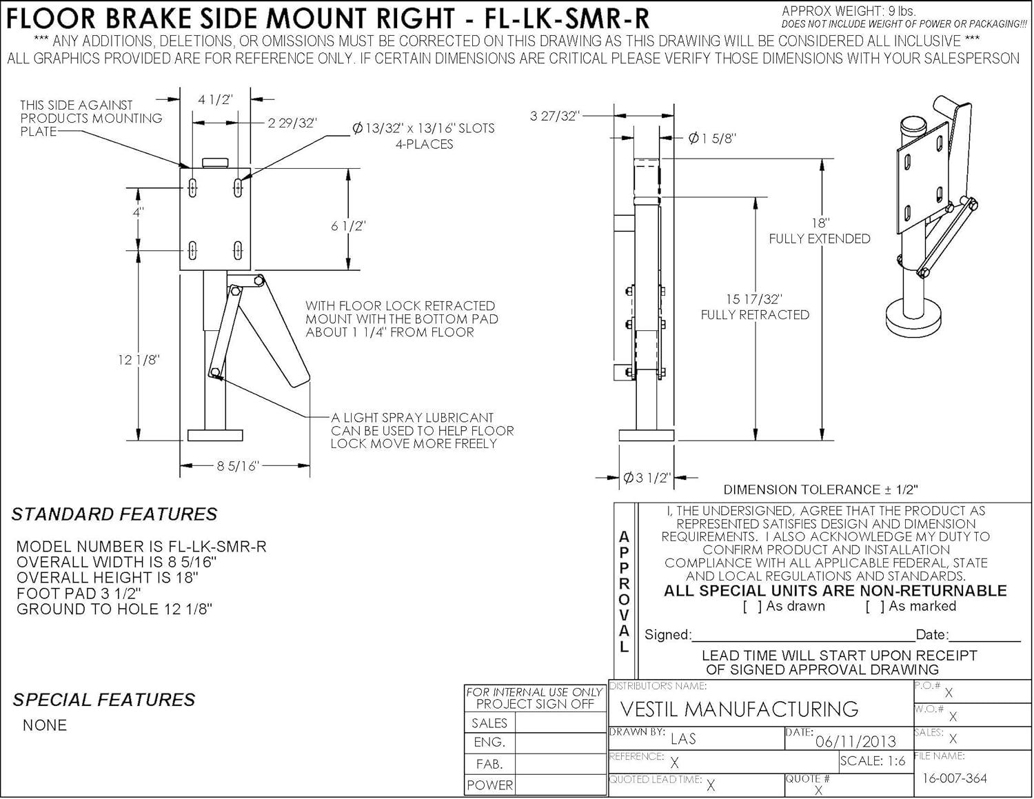 Vestil FL-LK-SMR-R Floor Lock, Right Side Mount, 18.0 Height, Silver