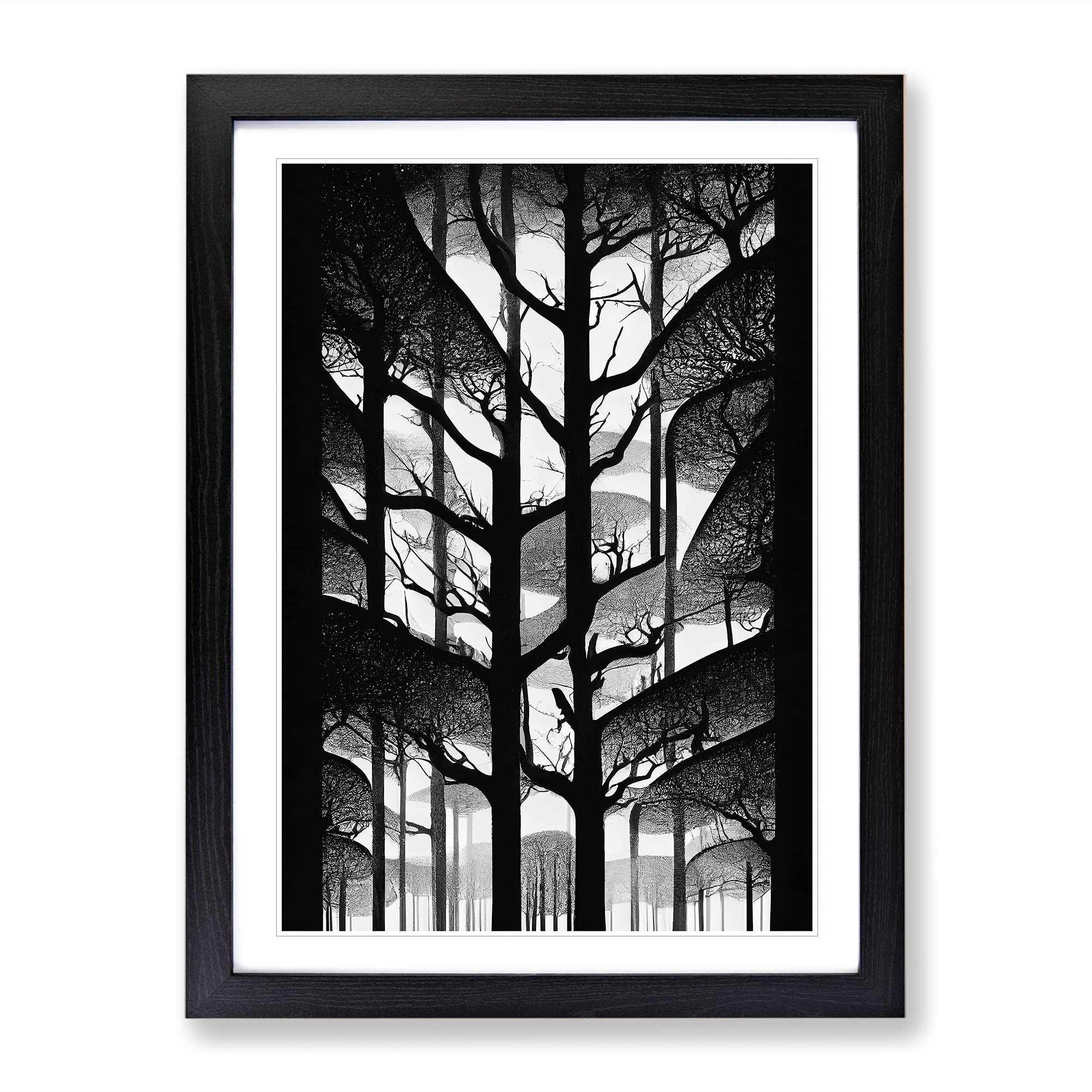 Monochrome Forest Framed Print | A4 Black Framed Wall Art | Ready to Hang | Modern Landscape Picture | Living Room Bedroom Lounge Office