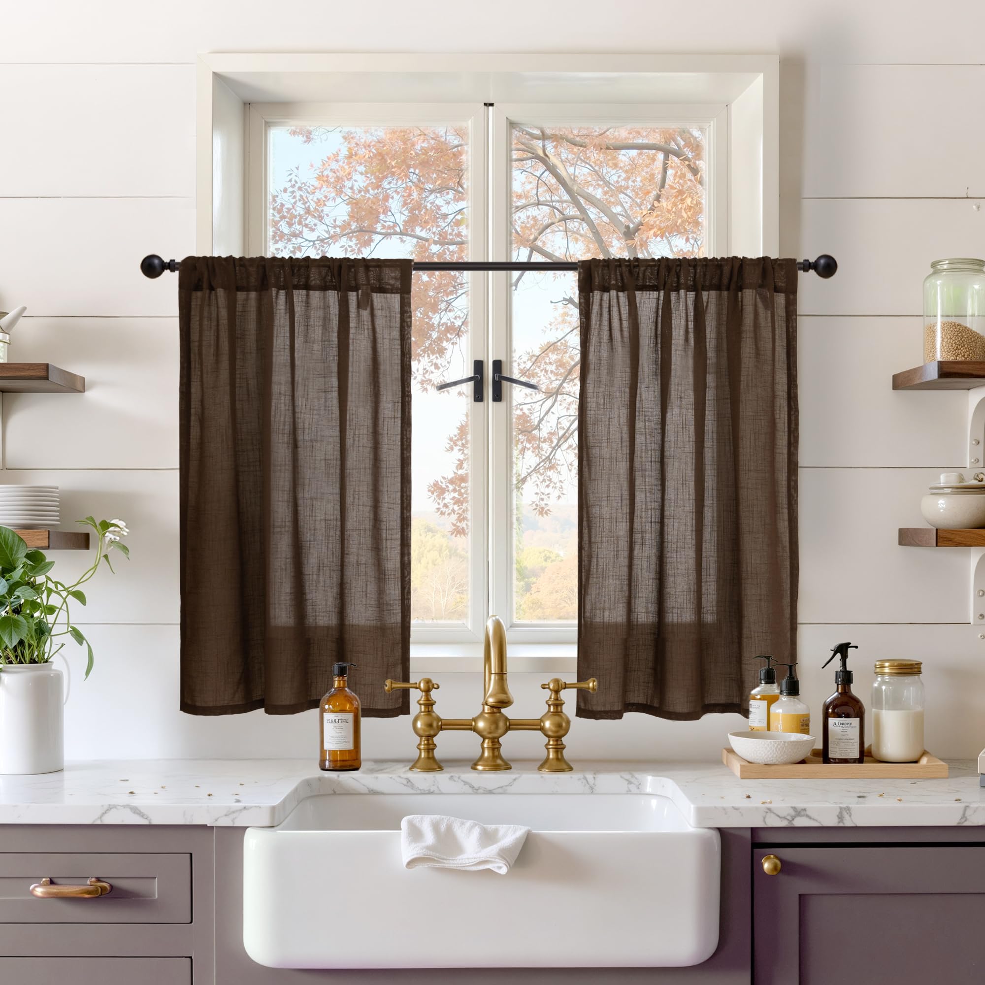 Photo 1 of BGment Brown Linen Short Curtains 36 Inch Length for Window, Small Sheer Drapes for Kitchen Cafe Over Sink Bathroom Decor Lightweight Rustic Country Textured Rod Pocket, 2 Panels, Each 30 Inch Wide