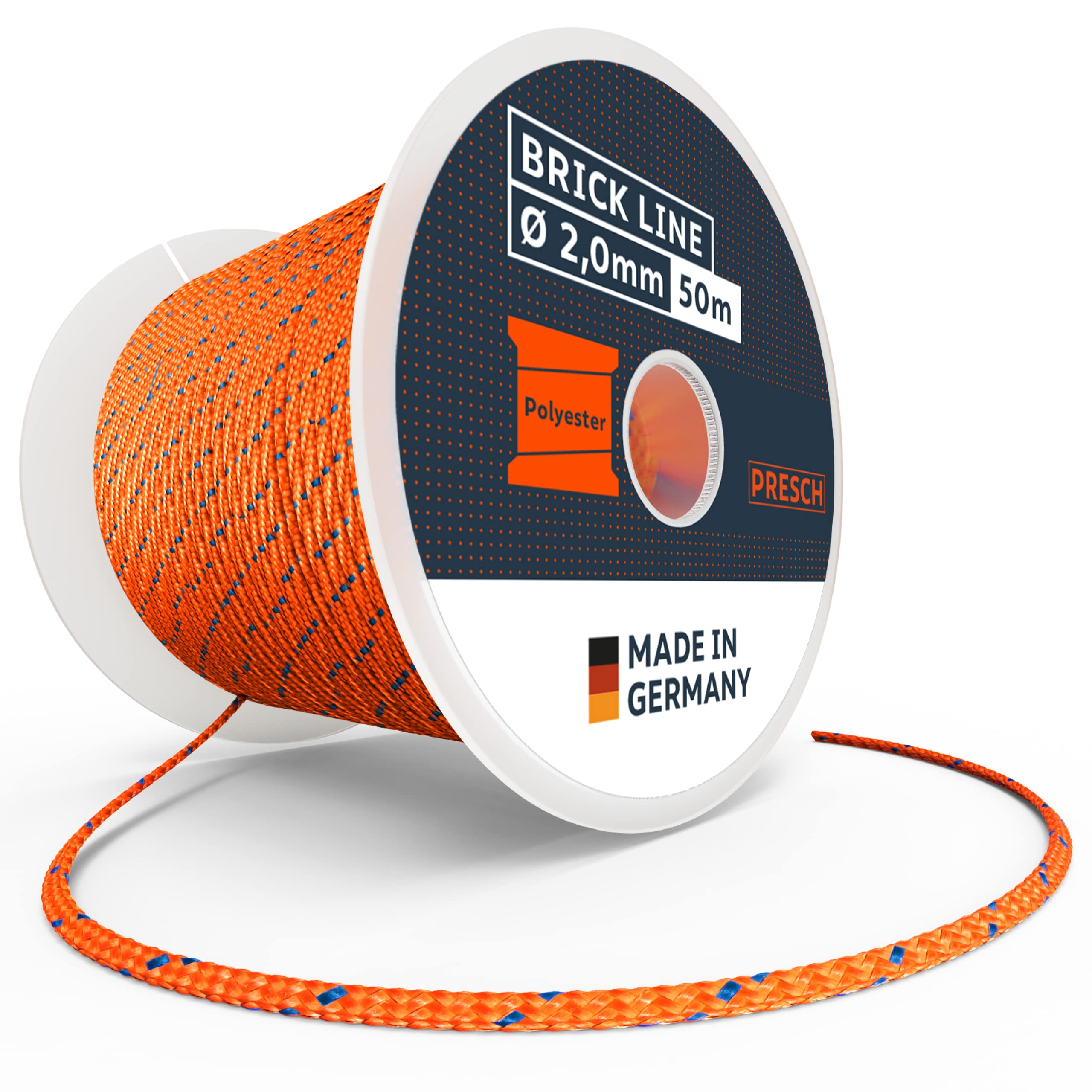Presch String Line 50m - ⌀ 2,0mm - Polyester - Tear-resistant, weatherproof straightening mason's cord with spool - Knot-resistant construction - Extremely durable brick, builders line