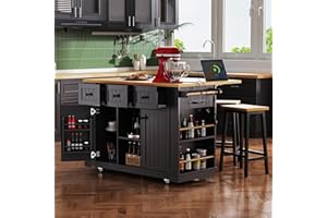 YAYZY Rolling Kitchen Island with Drop Leaf & Power Outlet, Large Kitchen Islands Cart on Wheels, Movable Kitchen Island with 5 Open Storage Shelves & Towel Rack for Kitchen, Dining Room, 53-Inch, Black