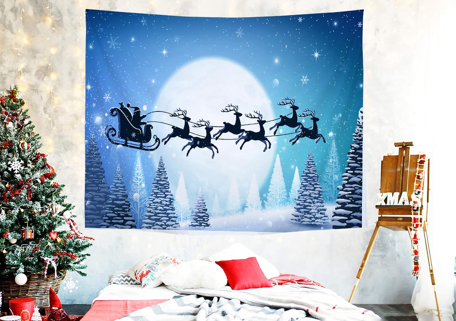 Christmas Tapestry Wall Hanging Decoration for Living Room Bedroom Dorm with Forest Elk Pulling Sleigh and Santa Claus Snow Scenery Moon Art for Xmas Party Decor Backdrop Photo Booth Props XXL