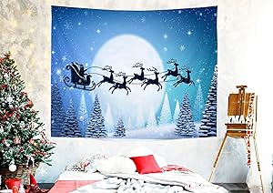 Christmas Tapestry Wall Hanging Decoration for Living Room Bedroom Dorm with Forest Elk Pulling Sleigh and Santa Claus Snow Scenery Moon Art for Xmas Party Decor Backdrop Photo Booth Props XXL