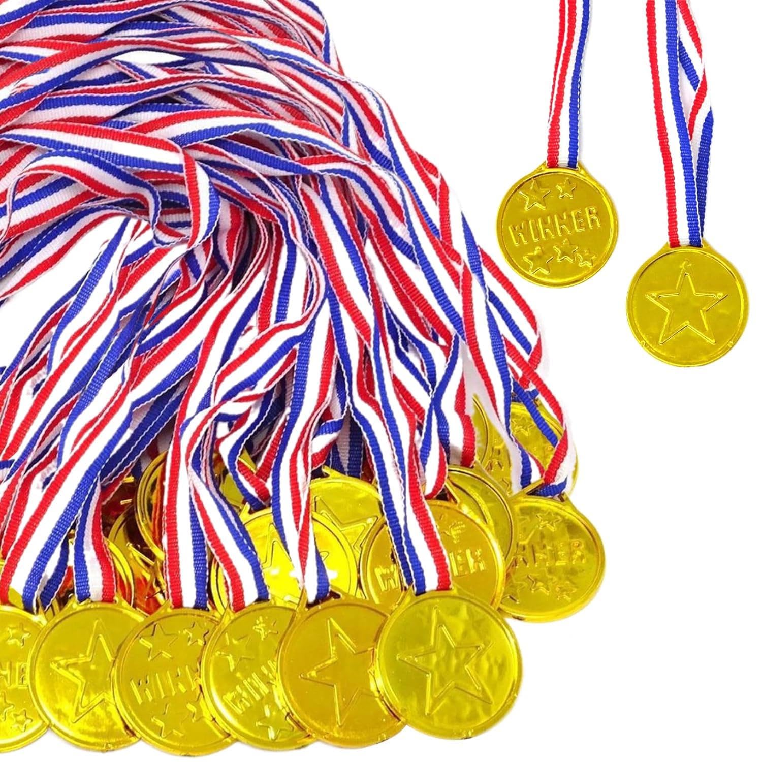 Happium 30 Pcs Winner Medals Kids Plastic Gold Medals Medals for Kids Party Favor Decorations and Sports Awards, Set of Gold Plastic Winner Medals Necklaces Sports Day Awards Star Classroom