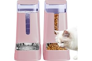Meowyoyo Automatic Cat Feeder and Cat Water Dispenser Set with Stainless Steel Bowls Gravity Dog Feeder for Small Medium Big Dog Pets Puppy Kitten, 1 Gallon x 2 (Pink)