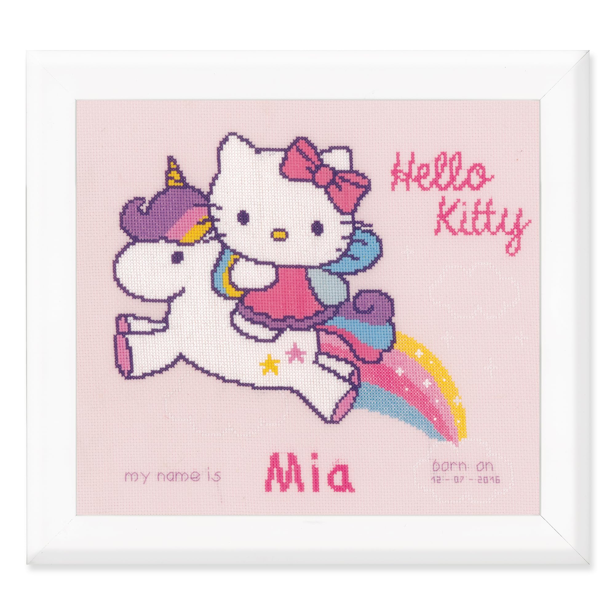 Vervaco Counted Cross Stitch: Birth Record: Kitty and Unicorn, NA, 28 x 25cm