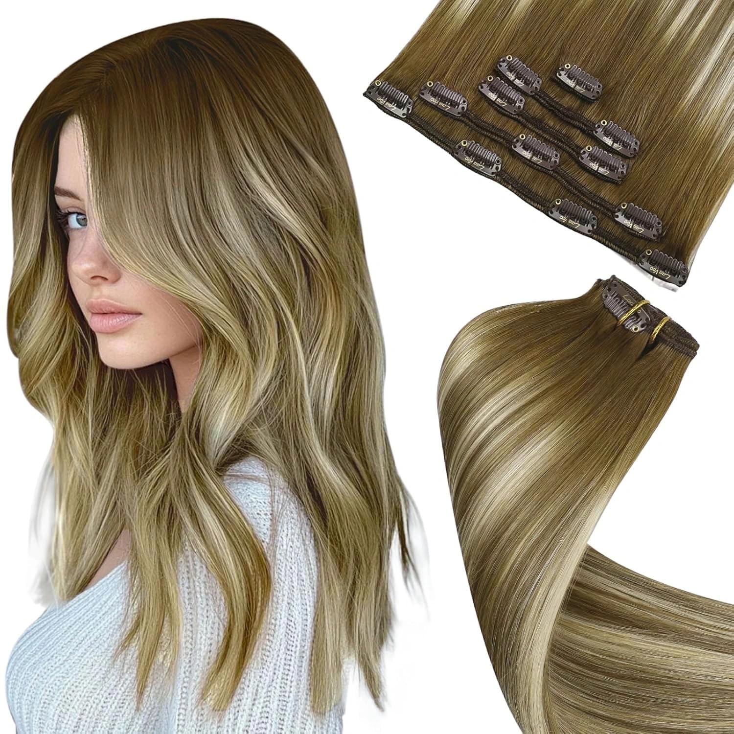 LaaVoo Clip in Hair Extensions Real Human Hair Blonde Hair Extensions Clip in Straight Balayage Brown to Blonde Remy Hair Full Head Double Weft 80g 5pcs 22 Inch #3/8/24 — image 1