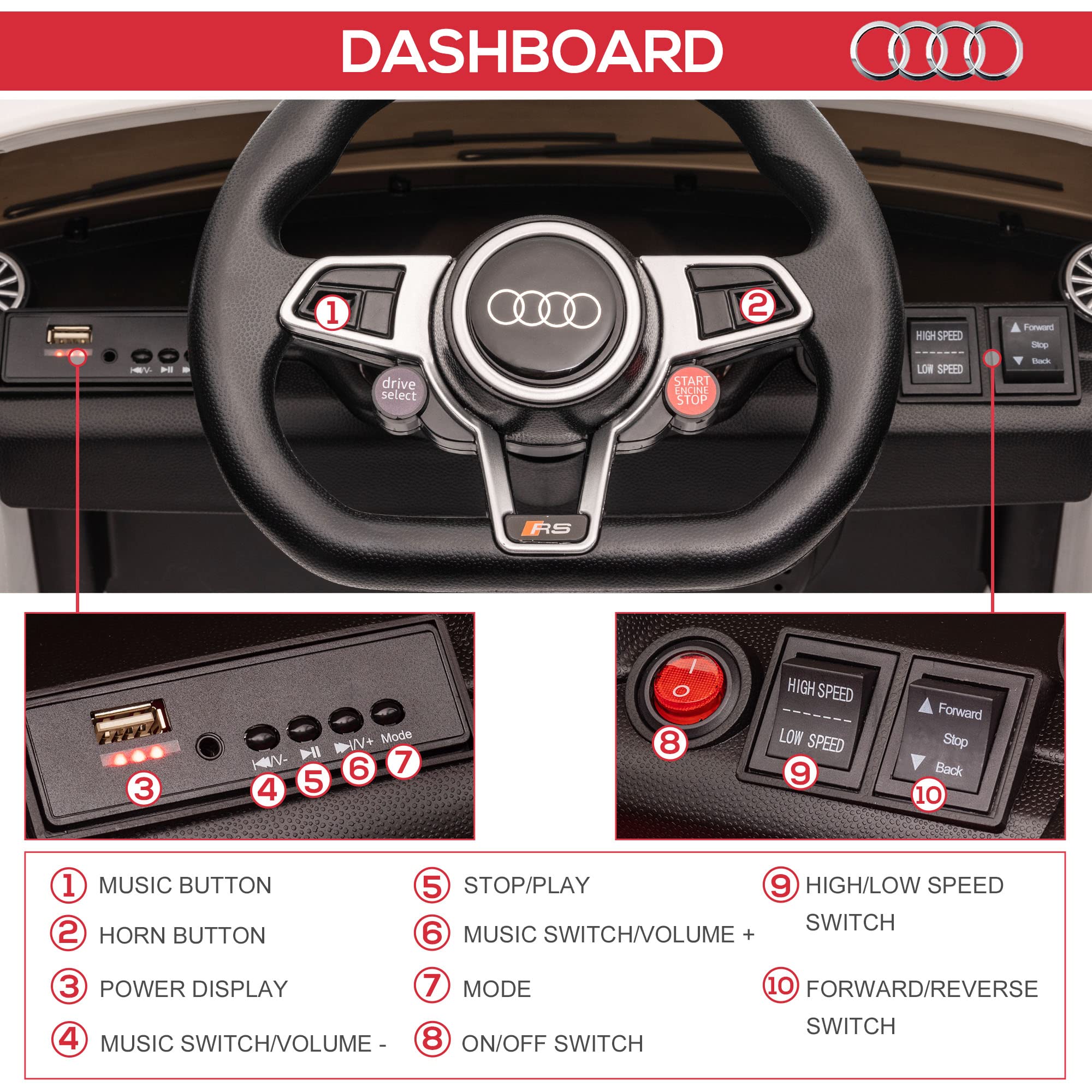 Aosom 6V Kids Electric Ride On Car, Licensed Audi TT RS with Suspension System and Remote Control, Horn, 5 Songs, Lights, MP3 Player, White