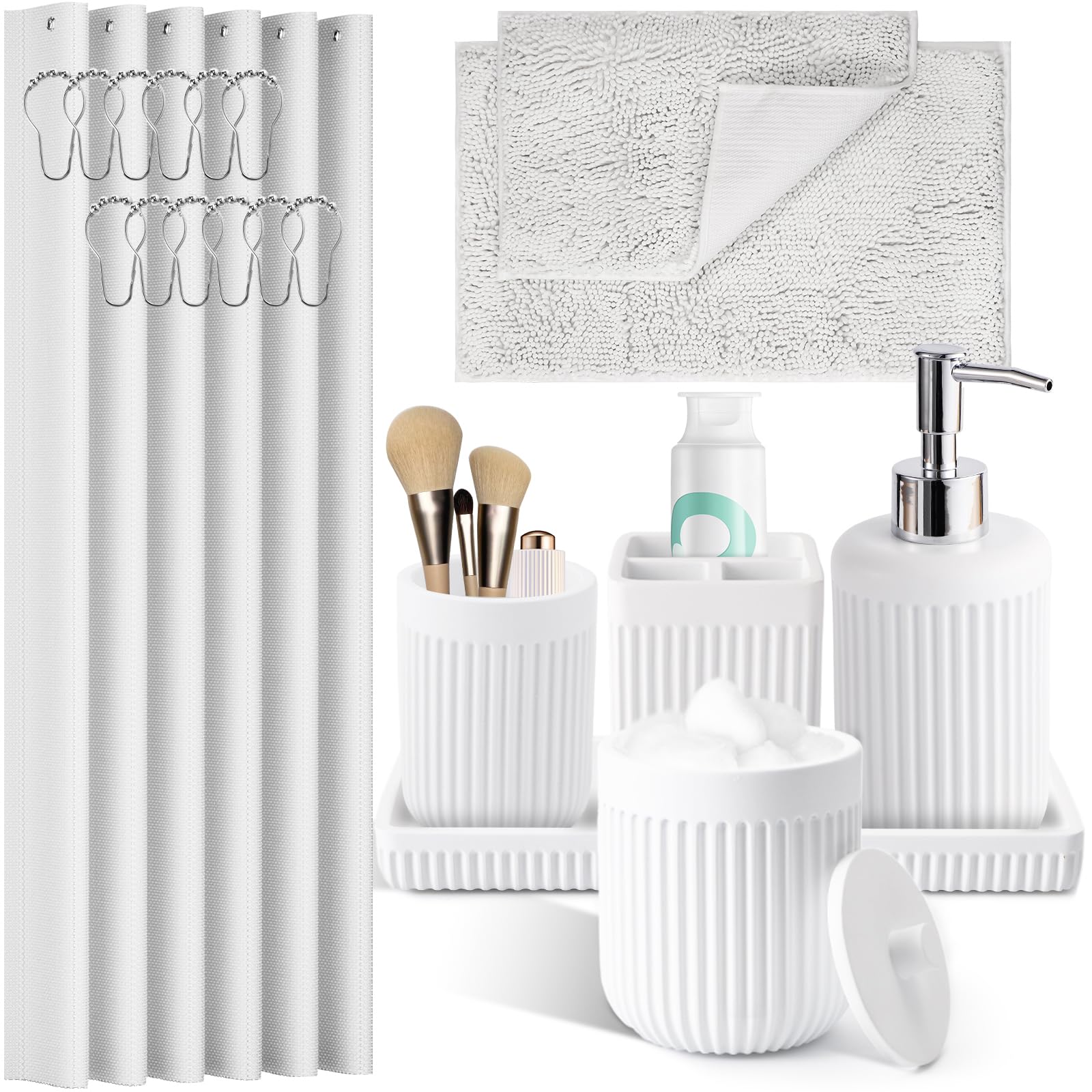 Photo 1 of XLHOMO White Bathroom Sets with Shower Curtain and Rugs, 8-Piece Resin Bathroom Accessories Sets Complete with Soap Dispenser, Toothbrush Holder, Tumbler, Tray & Cotton Swab Jars Bathroom Essentials