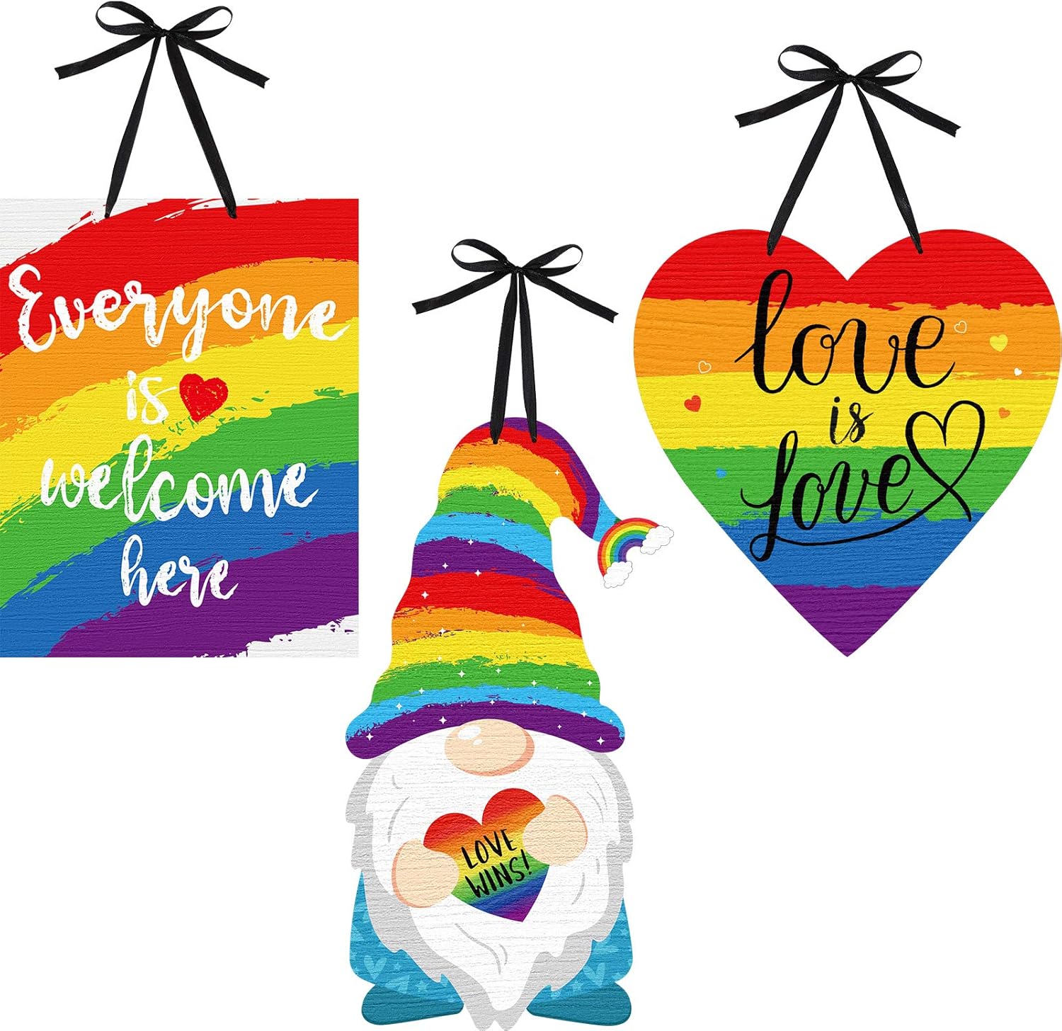 3 Pieces Rainbow Wood Hanging Sign Everyone is Welcome Here Sign Rainbow Gnome Decoration Love is Love Decorative Wood Sign Wall Door Decor for Home Decoration