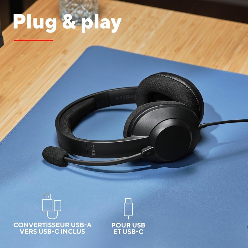 Ayda Max Casque USB Filaire avec Micro ENC Antibruit Over Ear, Noir