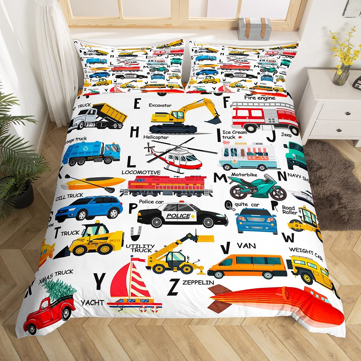 Loussiesd Excavator Kids Bed Cover Fire Truck Police Car Boys Duvet Cover Helicopter Motorcycle Ambulance Toddler Bedding Set Alphabet Vehicle Cars 2Pcs Bedding Single — image 1