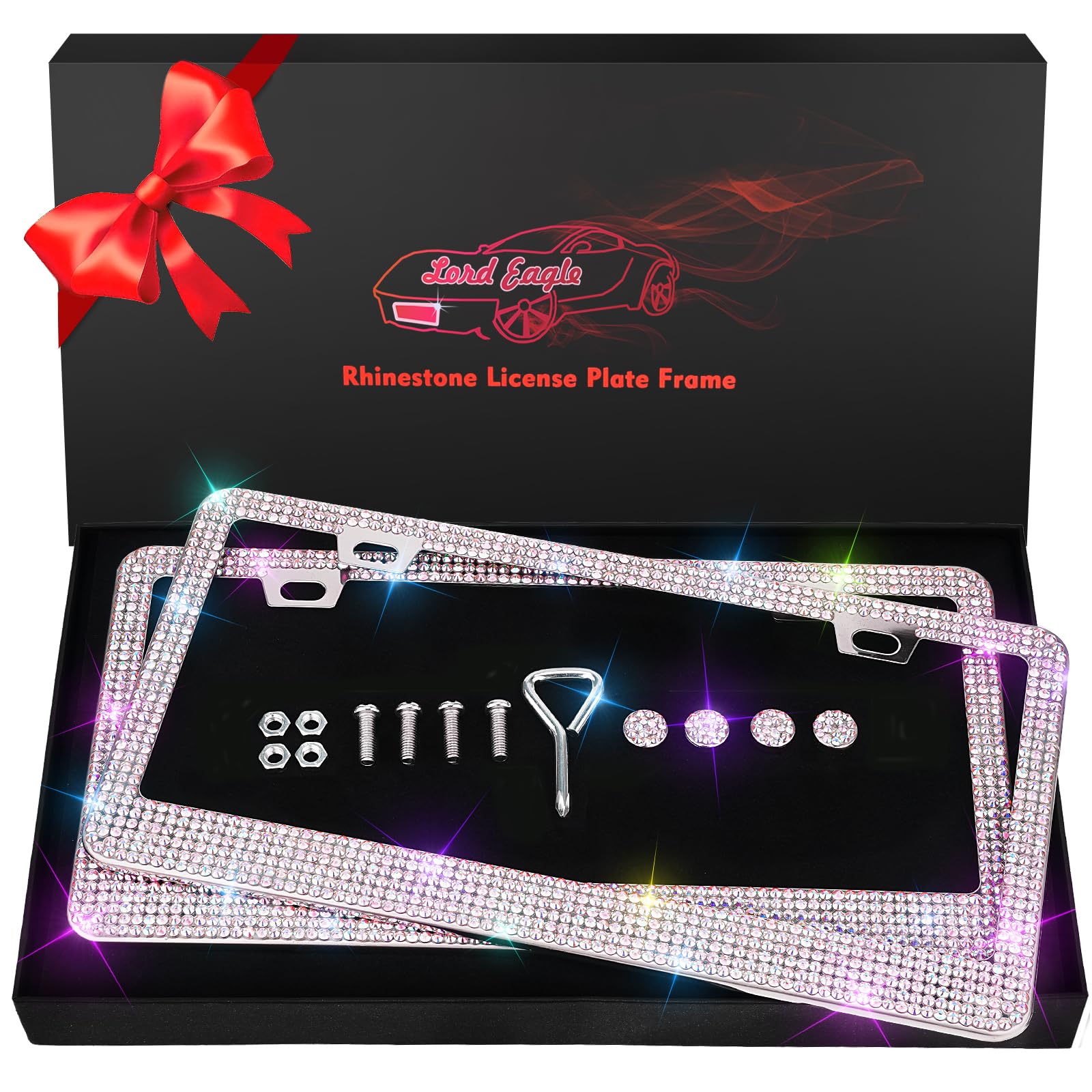 Photo 1 of [2 Pack] AB Bling License Plate Frames - 1200+ Hand-Set Iridescent Rainbow Crystals - Rust-Proof Stainless Steel, 100% Street Legal - Girly Car Accessories Gifts for Women (Placas de Carro Mujer)