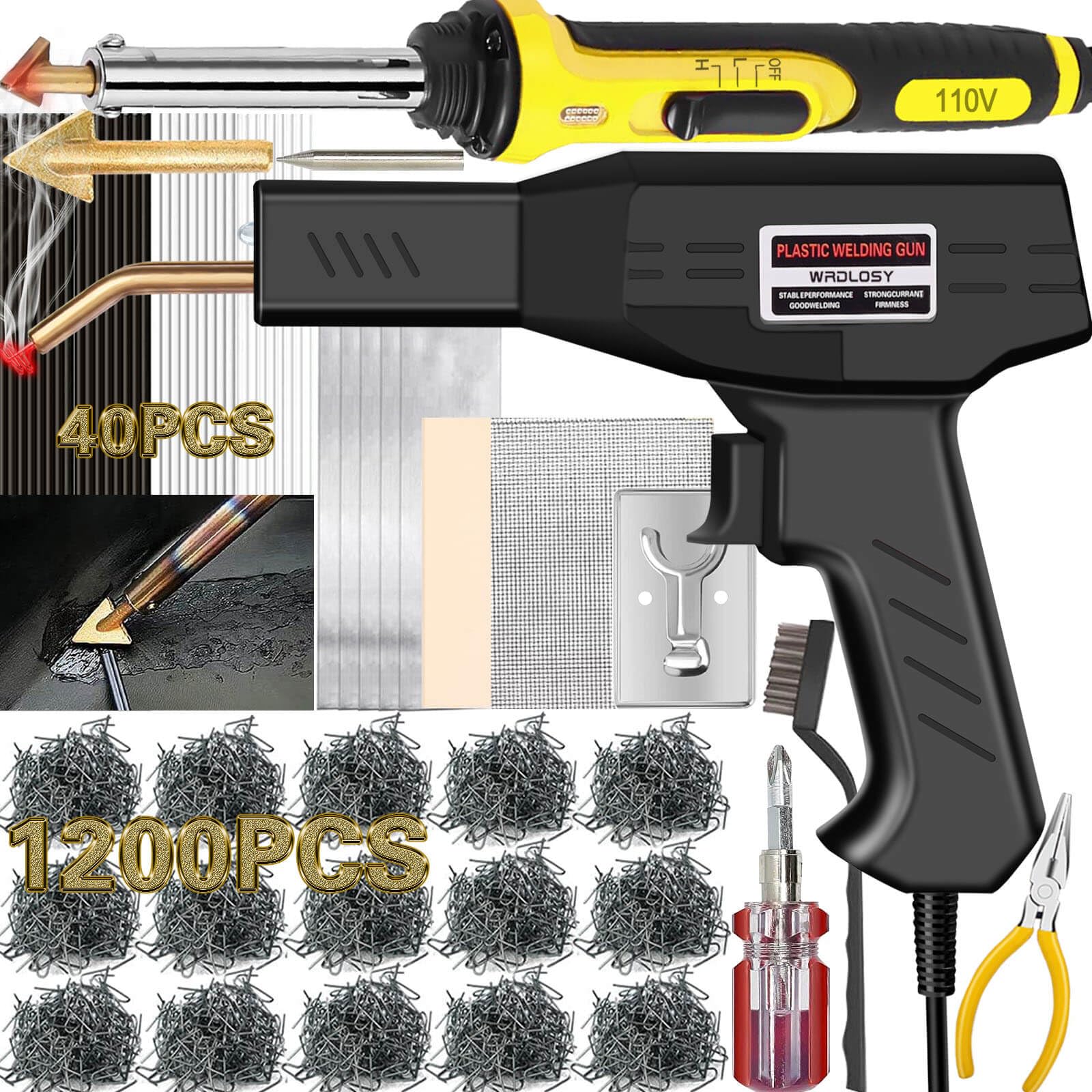 Photo 1 of Wrdlosy 220W Plastic Welder, 1200PCS Staples 40PCS Rods Plastic Welding Kit, 5 in 1 Welding Tips Tape Sandpaper Wire Mesh Stand Metal Brush Screwdriver Welder Kit Bumper Repair Kit (Yellow)