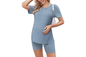 Ekouaer Women's Maternity 2 Piece Set Outfits Short Sleeve Shirts and Biker Shorts Ribbed Knit Pregnancy Pajamas Mama Clothes